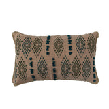 Cotton Slub Lumbar Pillow w/ Embroidered Pattern & Fringe, Natural & Teal