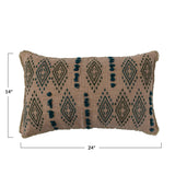 Cotton Slub Lumbar Pillow w/ Embroidered Pattern & Fringe, Natural & Teal