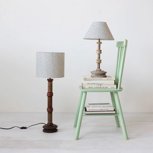 Found Wood Spool Table Lamp w/ Cotton Shade & Swivel Neck