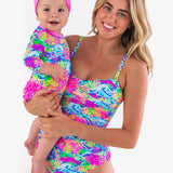Baby Girls Neon Ocean Coral Long Sleeve One Piece Rash Guard Swimsuit with Signature Rear Ruffles