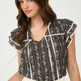 Stripe Floral Pattern Tie Front Ruffle Top