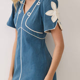 Floral Applique Contrast Trim Midi Dress