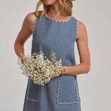 Sleeveless Stripe Denim Mini Dress with Scalloped Embroidery