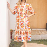 Ruffled Neck Boarder Printed Tiered Midi Dress