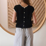 Short Sleeve Knit Navy Sweater Top with Contrast Trim