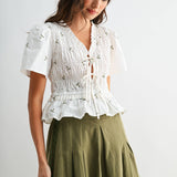 Embroidered Cotton Peplum Blouse with Pleats