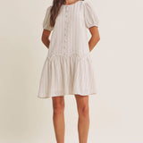 Breeze Stripe Puff Sleeve Mini Dress With Faux Buttons: Latte