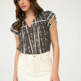 Stripe Floral Pattern Tie Front Ruffle Top