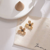 Gold Flower Petal Silver Post Stud Earrings