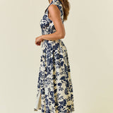 Paisley V-Neck Smocked Waist Front Zip Midi Dress | Blue