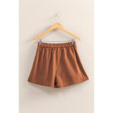 Chestnut Washed Pleated High Waist Shorts