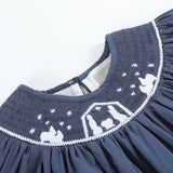 Navy Blue Nativity Long Sleeve Smocked Bishop Dress