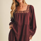 Square-Neck Embroidered Tiered Mini Dress