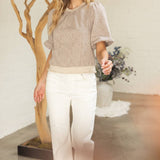 Ruffle Ribbed Knit Hem Wavy Print Top