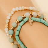 Cross Charm Wood Stone And Glass Beaded Bracelet Set: White