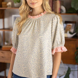 Cali Stripe Ruffle Detailed Animal Print Knit Blouse