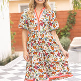 Multi Stripe Detailed Floral Print Midi Dress