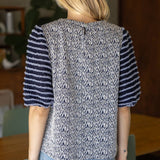 Mixed Pattern Fuzzy Striped Puff Sleeve Top