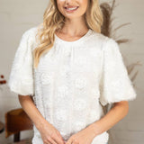 Stripe Textured Metallic Detail 3D Floral Top