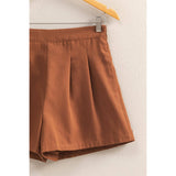 Chestnut Washed Pleated High Waist Shorts