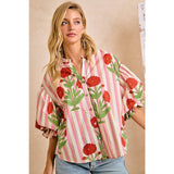 Stripe Flower Printed Woven Bubbled Sleeves Button Blouse
