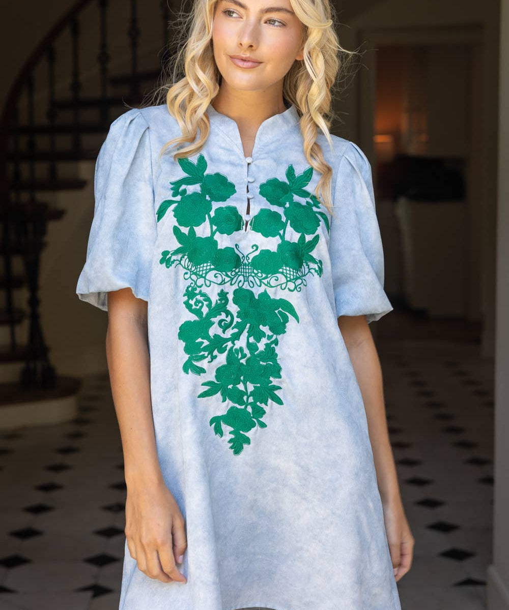 Floral Embroidery Detailed Textured Shift Dress