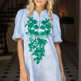 Floral Embroidery Detailed Textured Shift Dress | Slate Blue