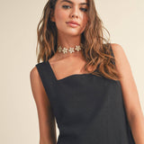 Linen Square Neck Pattern Mini Dress | Black