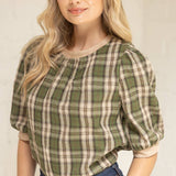 Suede Accent Banded Crinkled Plaid Top