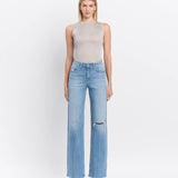 High Rise Distressed Slim Wide Leg Jeans
