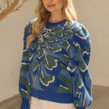 Pleated Long Puff Sleeve Floral Print Sweater Top