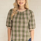 Suede Accent Banded Crinkled Plaid Top