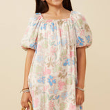 Girls Floral Puff Sleeve Foiled Dress