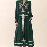 Floral Embroidered Midi Dress: Hunter Green