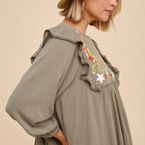 Embroidered Ruffle Shoulder Blouse - Olive