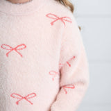 Girls Pink Bow Fuzzy Crew Neck Coquette Fall Winter Sweater