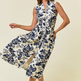 Paisley V-Neck Smocked Waist Front Zip Midi Dress | Blue