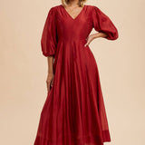 Tencel Fit and Flare Puff Sleeve Dress