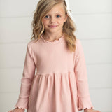 Kids Blush Pink Long Sleeve Lettuce Trim Ribbed Shirt