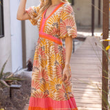 Summer Palm Print Contrast Color Block Midi Dress