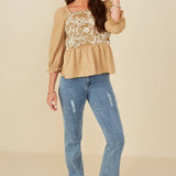 Womens Floral Embroidered Mix Media Peplum Top