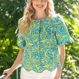 Wavy Embroidered Hem Jaquard Button Down Top