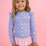 Girls Tropical Trellis Flutter Long Sleeve Rash Guard Skirted 2-Piece Swimsuit: Blue
