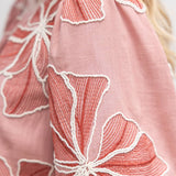 Contrast Band Detailed Floral Embroidery Top: Pink