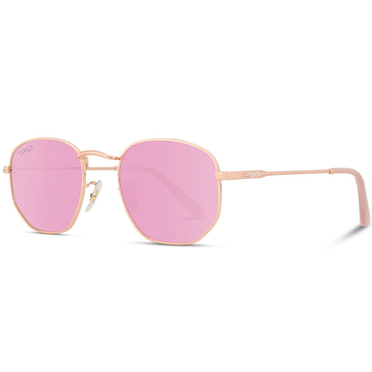 Bexley - Geometric Retro Round Polarized Hexagonal Sunglasse: Gold Frame/Mirror Pink Lens