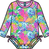Baby Girls Neon Ocean Coral Long Sleeve One Piece Rash Guard Swimsuit with Signature Rear Ruffles