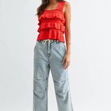 Red Ruffled Knit Sleeveless Top