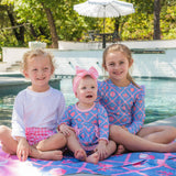 Girls Tropical Trellis Flutter Long Sleeve Rash Guard Skirted 2-Piece Swimsuit: Blue