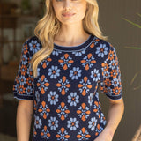 Short Puff Sleeve Floral Abstract Knit Top
