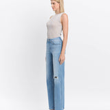 High Rise Distressed Slim Wide Leg Jeans